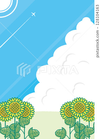 Summer greetings, blue sky, clouds, sunflowers, airplane, postcard, background 128104163
