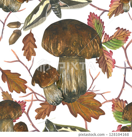Mushrooms, autumn oak leaves, acorns, strawberry leaves and moth. Watercolor composition seamless pattern is hand-drawn, isolated on a transparent background. For textiles, cards and invitations Mushrooms, autumn oak leaves, acorns, strawberry leaves and moth. Watercolor composition seamless pattern is hand-drawn, isolated on a transparent background. For textiles, cards and invitations 128104168