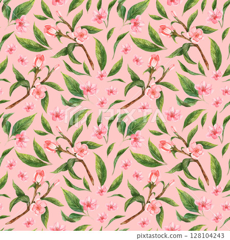 Seamless floral pattern in watercolor. Peach, apple flowers. Seamless floral pattern in watercolor. Peach, apple flowers. 128104243