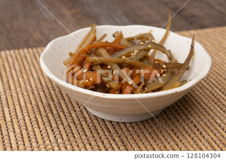 Kinpira burdock served in a small bowl Kinpira burdock served in a small bowl 128104304