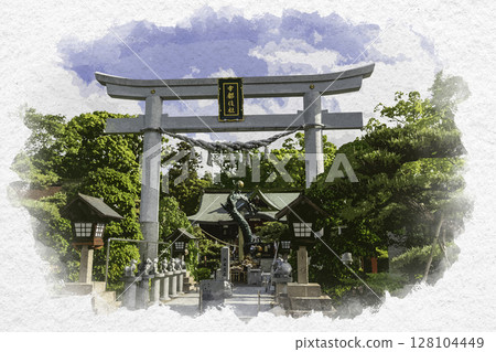 Watercolor painting style Tamura Shrine Utsugi Shrine Torii Gate Takamatsu City, Kagawa Prefecture 128104449