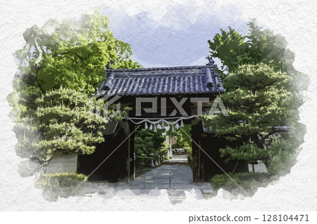 香川縣高松市田村神社隨神門的水彩畫 128104471