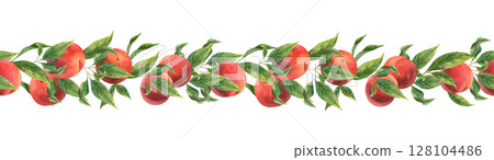 Branch of peaches, nectarines, hand-painted watercolor. 128104486