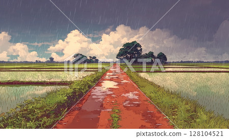 Cambodia's rural landscape with red dirt roads: Scenery of the rainy season 128104521