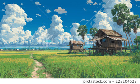 Stilt houses and vast rice fields: An idyllic rural landscape in Cambodia 128104522