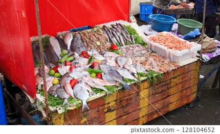 Morocco, Essaouira, cityscape with citadel and fish market 128104652
