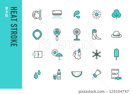 Heat stroke prevention line icon set Heat stroke prevention line icon set 128104747