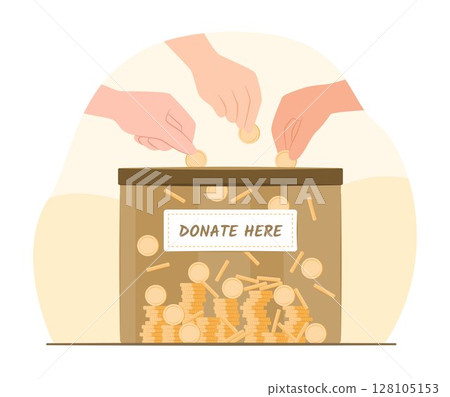Human Hands Donate Money Coins into Donation Box for Charity Donation Concept Illustration Clip Art Human Hands Donate Money Coins into Donation Box for Charity Donation Concept Illustration Clip Art 128105153