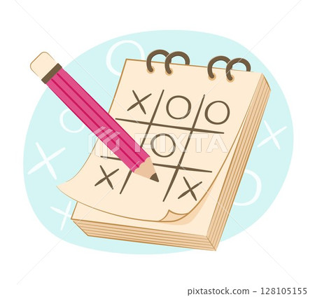 Tic Tac Toe or XO Game on Notepad Paper with Pencil for Strategy and Competition Concept Illustration Clip Art 128105155