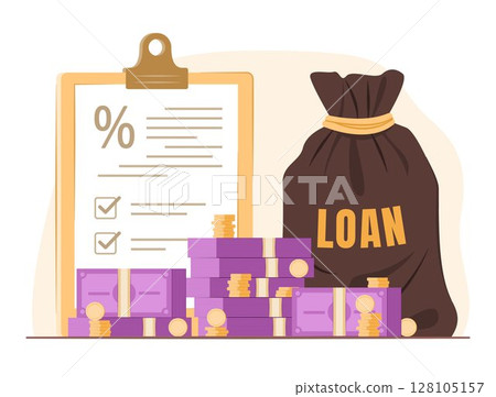 Stack of Cash Money Bundle and Money Bag with Loan Agreement Document for Bank Loan Concept Illustration Stack of Cash Money Bundle and Money Bag with Loan Agreement Document for Bank Loan Concept Illustration 128105157