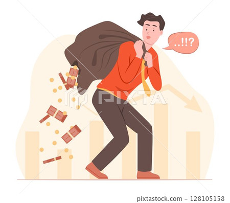 Businessman Carrying Ripped Money Bag and Losing Money Bundle with Coins Spilling Out for Bankruptcy, Financial Crisis and Recession Concept Illustration Clip Art  128105158
