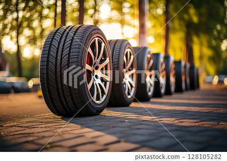 close up tire car in Tire shop, Group of new tires for sale in a tire shop. Generative Ai 128105282