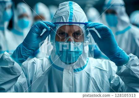 doctor puts protective plastic glasses and face mask against corona virus ,Outbreak, Ebola. generative AI 128105313