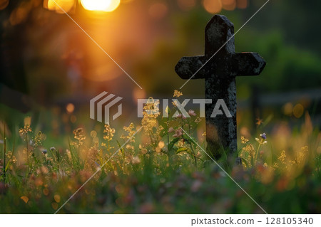 Wooden cross on top of a mountain at sunset, ,memory day concept. Generative AI 128105340