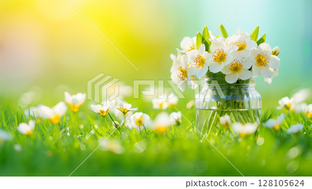 Vibrant Flowers in a Glass Jar Surrounded by Blooming Blossoms on a Sunny Day 128105624