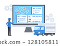 A man monitoring the truck's operation status on a computer monitor 128105811