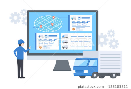 一名男子在電腦顯示器上監控卡車的運作狀態 128105811