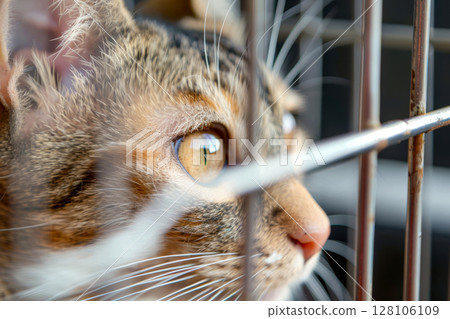 close up Sad cat caught in cage. Generative AI 128106109