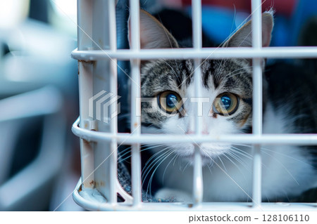 close up Sad cat caught in cage. Generative AI 128106110