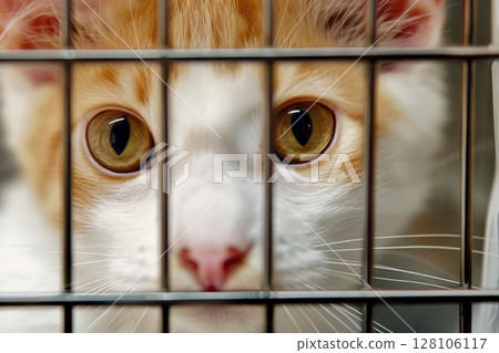 close up Sad cat caught in cage. Generative AI 128106117