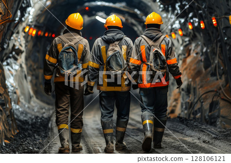 mine worker wearing helmets. at a mine site .Generative AI. 128106121