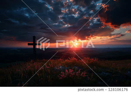 Wooden cross on top of a mountain at sunset, Generative AI 128106176