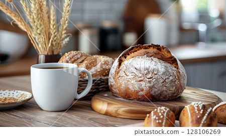 a cup of coffee and bakery bread on a table. generative ai 128106269