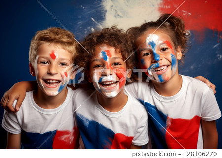 French child Supporter with Flag Face Paint . .Generative AI French child Supporter with Flag Face Paint . .Generative AI 128106270