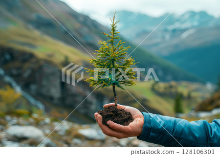Close up hands holding a tree for planting, Environmental technology concept. Generative Ai 128106301
