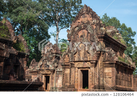 Buildings in Banteay Srei a 10th century Cambodian temple dedicated to the Hindu god Shiva made by pink and red sandstone in Siem Reap, Cambodia. 128106464