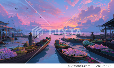 Bustling floating market at sunrise Bustling floating market at sunrise 128106472