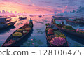 Bustling Asian floating market at sunrise 128106475