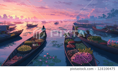 Bustling Asian floating market at sunrise Bustling Asian floating market at sunrise 128106475
