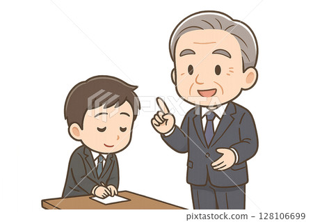 A mini character manager giving advice to a young employee (office background, with white space in the center) 128106699