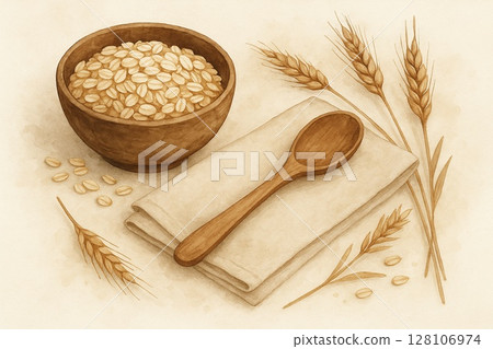 秋季小麥和木勺靜物 128106974