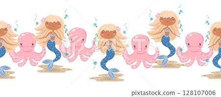 Seamless border with mermaids and octopuses in the center Seamless border with mermaids and octopuses in the center 128107006