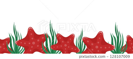 Seamless border with red starfish and green seaweed at the bottom 128107009