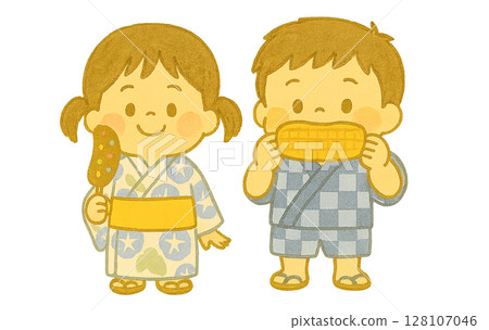 Watercolor painting of a child wearing a yukata eating chocolate bananas and grilled corn at a summer festival 128107046
