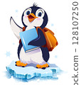 Back to school bird penguin schoolboy with backpack on his back holding book 128107250