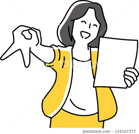 A smiling woman making a peace sign with a document in her hand 128107377