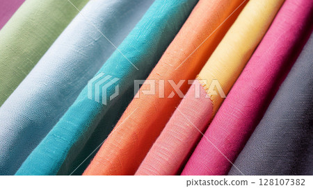 一排排色彩鮮豔的布料 一排排色彩鮮豔的布料 128107382