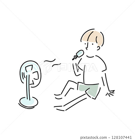 Hand-drawn illustration of a boy eating ice cream while cooling off with a fan 128107441