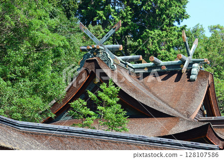 The chigi katsuogi and cypress bark roof of the main hall of Kotohira Shrine in Kagawa Prefecture-3 128107586