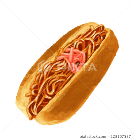 水彩畫的炒麵麵包 128107587