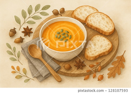 秋季餐桌上的南瓜湯和木製餐具 128107593
