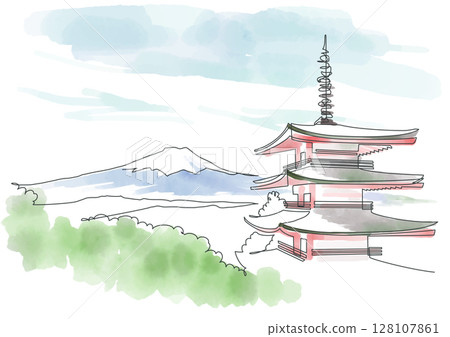 Mt. Fuji and the Five-story Pagoda, Arakurayama Sengen Park, One-stroke drawing and watercolor, Yamanashi, Japan 128107861