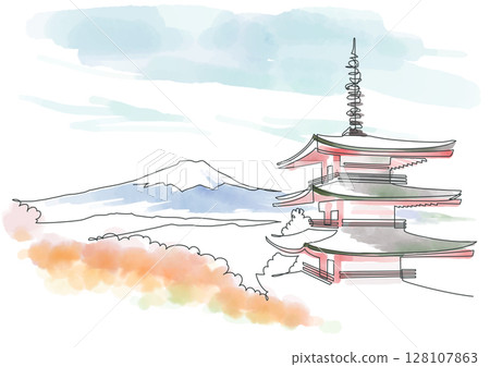 Autumn leaves, Mt. Fuji and five-story pagoda, Arakurayama Sengen Park, one-stroke drawing and watercolor, Yamanashi, Japan 128107863