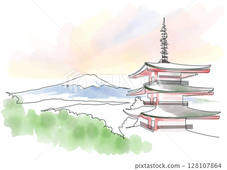 Mt. Fuji and five-story pagoda at dusk, Arakurayama Sengen Park, one-stroke painting and watercolor, Yamanashi, Japan 128107864