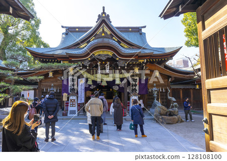 Fukuoka, Japan - Dec 27, 2022 : Kushida Shrine is a Shinto shrine located in Hakata-ku, Fukuoka, Japan on Dec 27,2022. 128108100