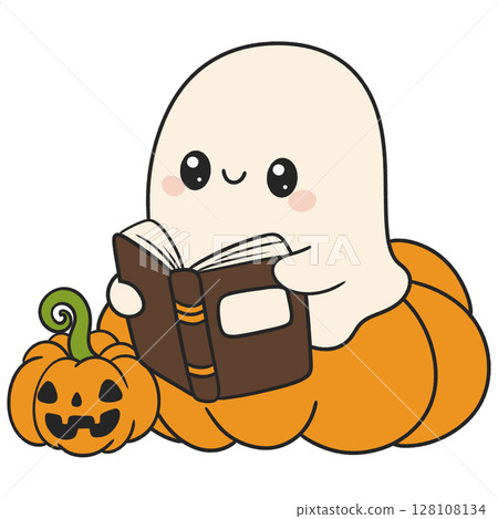 halloween cute ghost reading a book to a little pumpkin in flat cartoon style, cozy and kid friendly fall illustration 128108134